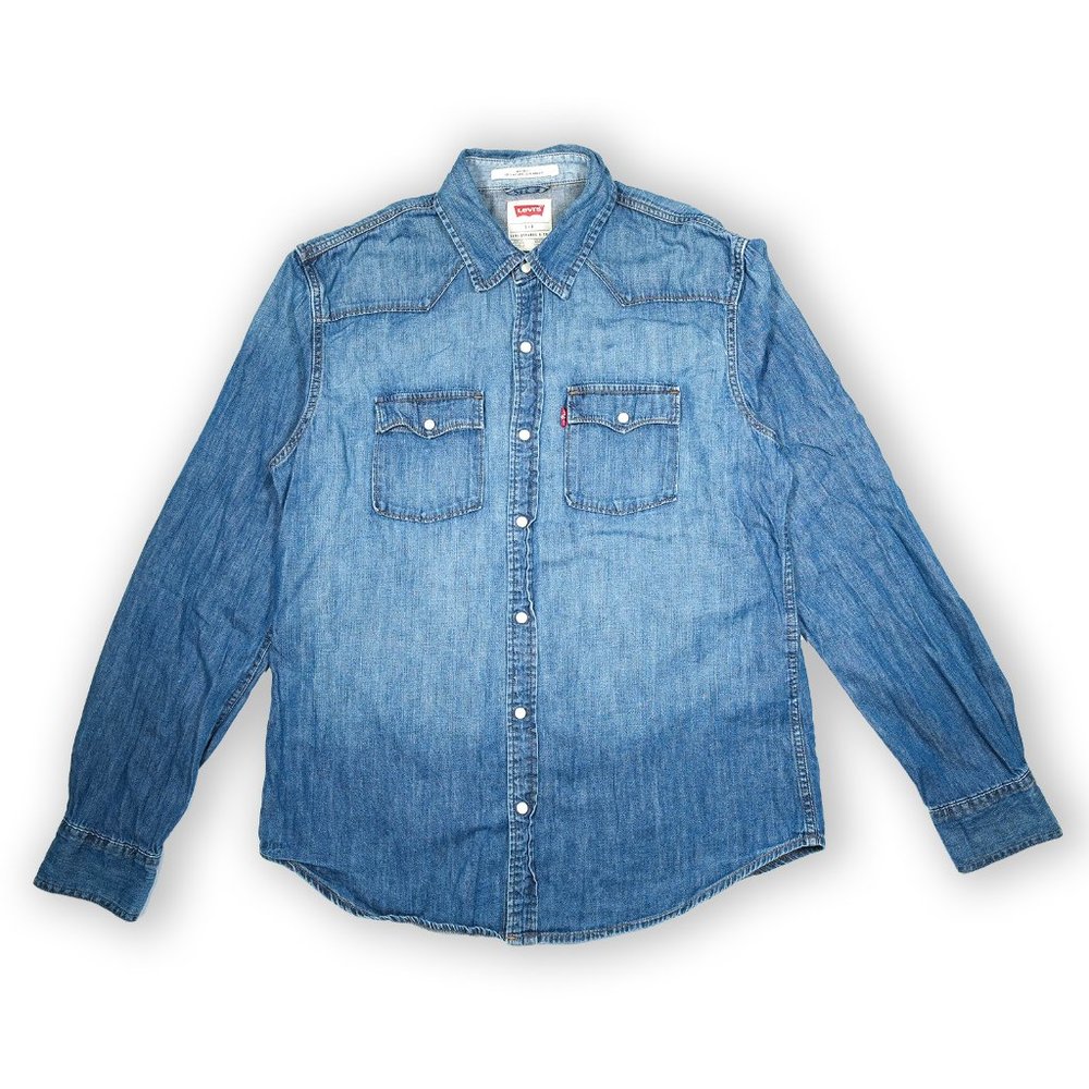 Levis Mens Denim Pearl Snap Shirt Western Long Sleeve Size Large